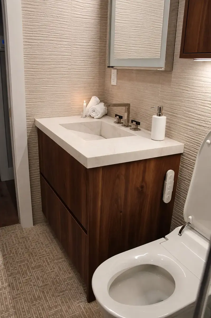 Floating walnut vanity with integrated stone sink