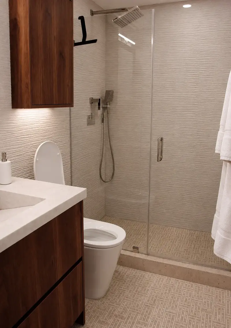 Bathroom with textured stone-look tile, frameless glass shower and walnut vanity