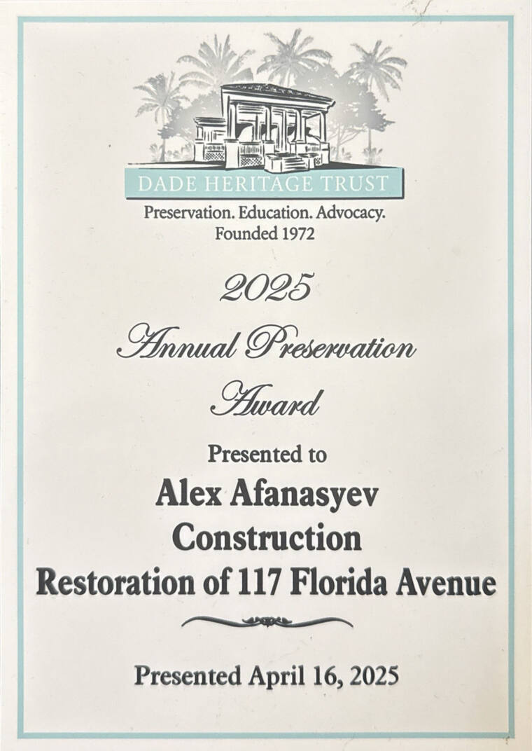 Dade Heritage Trust Annual Preservation Award 2025 certificate