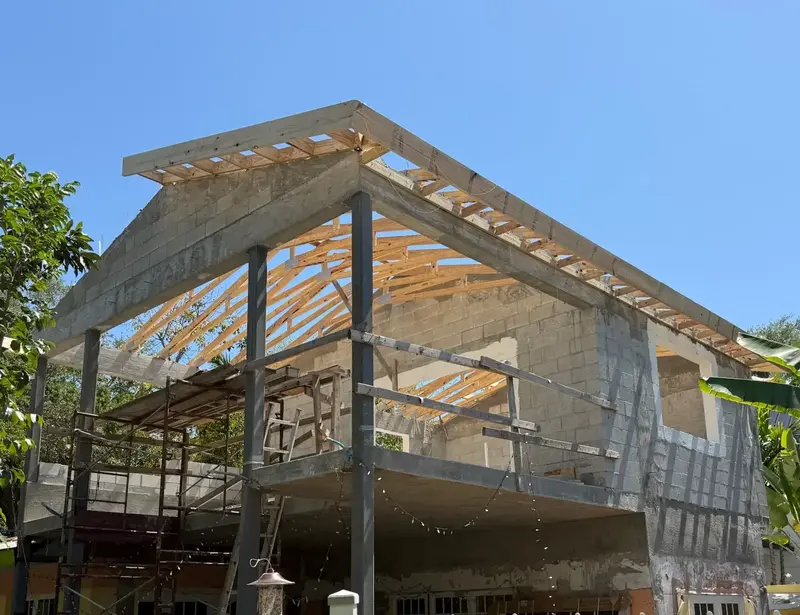 CBS house construction with wood truss roof