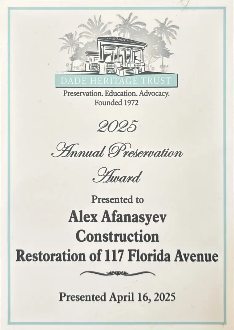 Dade Heritage Trust Annual Preservation Award 2025 certificate